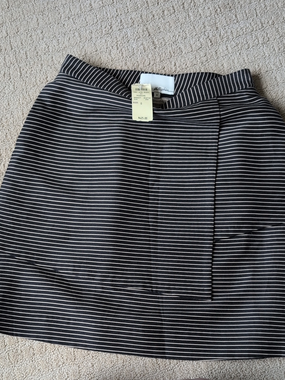 BI Philliphin Black and White Pin Striped Mini Skirt, Bergdorf Goodman Tag.